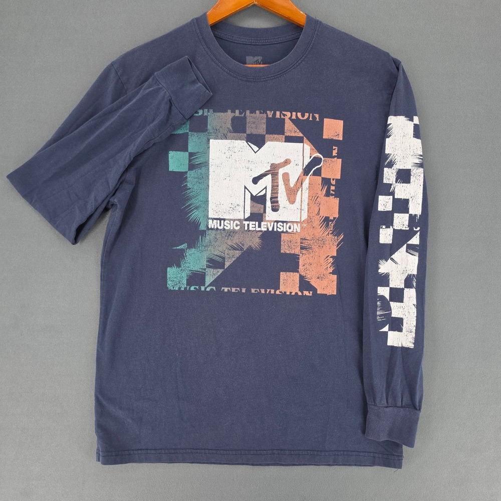 MTV Music Television Graphic Long Sleeve T-Shirt Mens Medium Blue Retro Logo